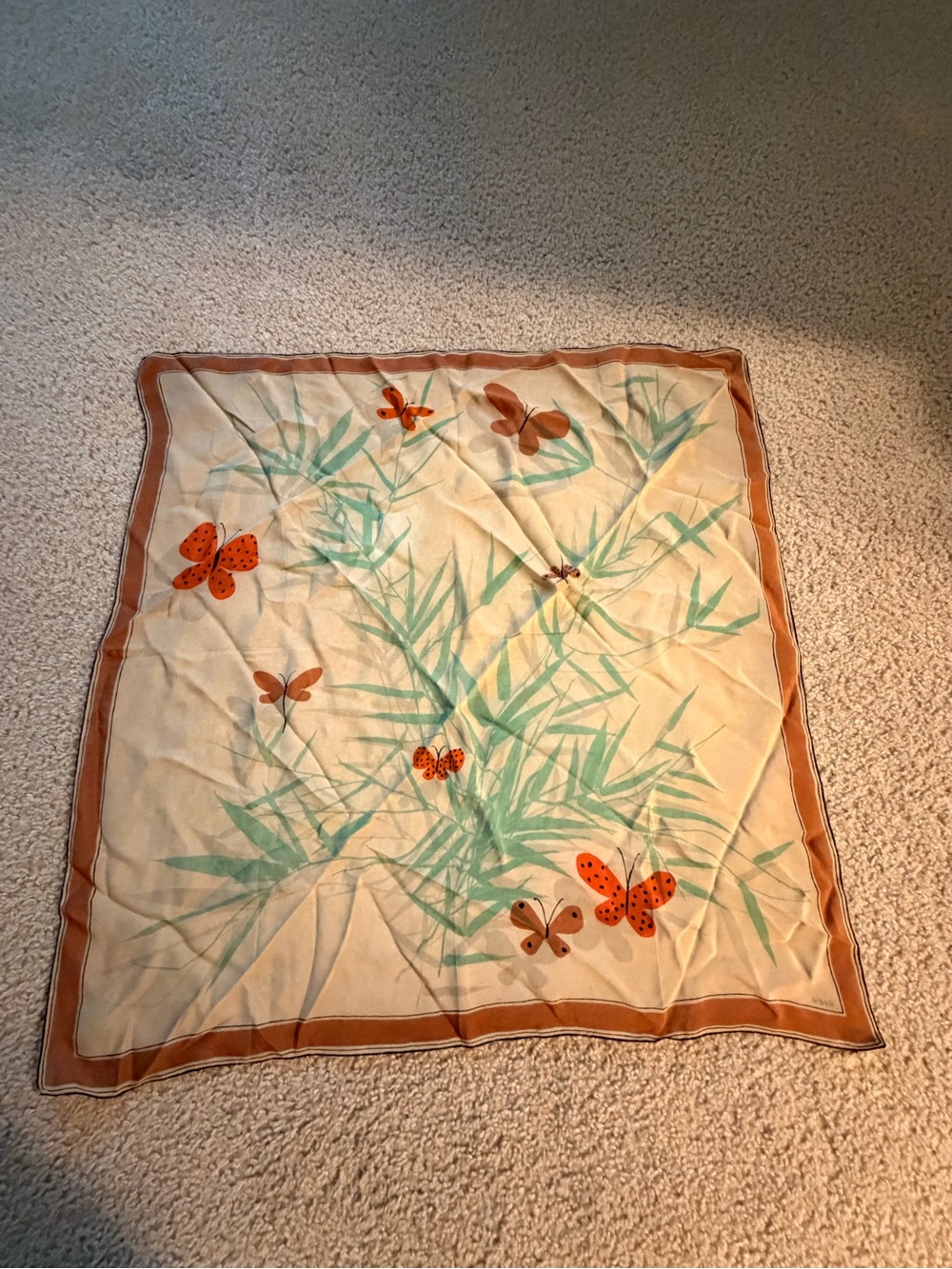 Butterfly Print Silk Scarf in Cream and Orange